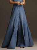 Purpdrank  Fashion Women Denim Tank Dress Vintage Square Collar Waisted Sundress Summer Buttons Maxi Dress Holiday Solid Robes