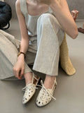 Purpdrank  Retro Hollow Lace-up Low Heel Pumps Women Fashion Roman Style Brand Designer Shoes Comfortable Round Toe Back Strap Casual Shoes