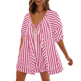 Purpdrank  Summer New Womens Fashionable Deep V-neck Tie Up Short Sleeved Striped Printed Jumpsuit Shorts Loose Casual Wide Leg Capris