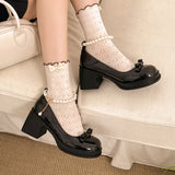 Purpdrank  Elegant Pearls Chain High Heels Mary Jane Shoes Women 2025 Bowknot Thick Heel Pumps Woman Round Neck Patent Leather Party Shoes