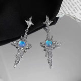 2024 Trend Cross Moonstone Dangle Earrings Women Girl Irregular Liquid Metal Cross Crystals Drops Earrings Jewelry