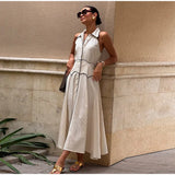 Purpdrank  Cotton Linen Contrast Dress Women Lapel Single Breasted Sleeveless Vestidos Female 2025 Spring Summer Chic High Waist Dresses