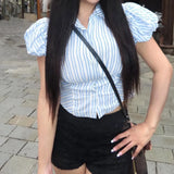 Purpdrank  Stylish Blue White Striped Lapel ollar Short Puff Sleeve Shirt Women Slim Waist Open Buttons Crop Blouse Girl's Tops