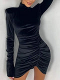 Purpdrank  Fashion Half High Neck Draped Wrap Hip Dress Women's Casual Padded Long Sleeve Slim Mini Dress Elegant Velvet Solid Party Dress