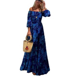 Purpdrank  Vintage Pattern Print Long Dress Women Sexy Off Shoulder Long Sleeve Party Dress Fashion Waist Pleat Loose Hem Beach Dress