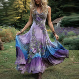 Purpdrank  Sexy Hollow Deep V Neck Bohemian Vacation Dress Spring Retro Flower Print Swing Woman Dresses Summer Sleeveless Strap Maxi Dress