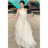 Purpdrank  French Style Halter Neck Dress with Floral Ruffles, Light Luxury Niche Gown