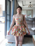 Purpdrank  Summer Floral Print Halter Dress Women's Beach Vacation Pure Desire Waist-Cinching Puffy Short Skirt Sexy Girl Style Midi Dress