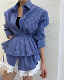Purpdrank  Vintage Plaid Shirts Women Harajuku Pleated Patchwork Blouses Ladies Streetwear Korean Bandage Long Sleeve Casual Design Tops