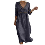 Purpdrank  Women's Casual Cotton Linen Dress Elegant Lace Trim Openwork V Neck Solid Color Loose Fit Summer Dress Boho Flowy Office Dresses