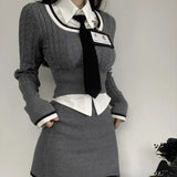 Purpdrank Fashion Knitted Suit Woman Y2k Crop Tops Sweater + Casual Shirt Slim Bodycon Mini Skirt Korean 3 Piece Set 2025 Autumn