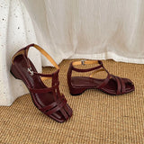 Purpdrank   New Summer Women Sandals Genuine Leather Women Shoes Square Toe Low Heel Shoes Narrow Band Cover Toe Modern Sandals