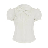 Purpdrank  Sweet Preppy Summer Solid White Short Puff Sleeve Single Breasted Bow Folds Women Shirt