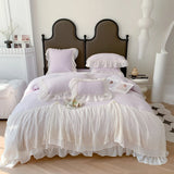 Purpdrank  Green Chiffon Lace Embroidery Bedding Set Home Textile 100%Cotton Solid Color Princess Ruffles Duvet Cover Bed Sheet Pillowcases