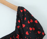 Purpdrank  French Retro Black Print Bow Square Collar Short Elastic Puff Dress Women Zipper Back Slim Waist Slit Hem Mini Dresses Robe Blue