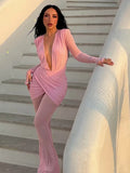 Purpdrank  Sexy Deep V-neck Pleated Jumpsuit Women Slim Full Sleeve See Through Flare Pants Romper Evening Lady Fashion 2026 Solid Rompers