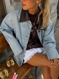 Purpdrank  Autumn Denim Patchwork Jacket Women PU Leather Turn Down Collar Long Sleeve Pockets Coats Female High Street Chic Outerwear