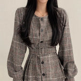 Purpdrank  Autumnal Midi Dr with Single Button Closure Puff Sves Waist Cinching Chic Retro Sle Long Sve Commute Wear