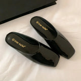Purpdrank  Fashion Red Square Toe Flat Slippers Women High Quality Patent Leather Mules Luxury Brand Designer Sandals Sandalias De Mujer