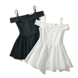 Purpdrank  Black Sexy V neck Off Shoulder Mini Dress Women Short Sleeve Low Waist Ruched Hem Ball Gown Swing Mini Robe Party White