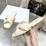 Purpdrank  Soft Leather Cross Weave Design Women Slippers High Quality Comfortable Slide Sandals Summer Beach Flat Sandals Women Flip Flop