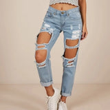 Purpdrank  Beggar Knee Big Hole Ripped Distressed High Waist Boyfriend Jeans Destroyed Denim Jeans Woman Broken Denim Pants Suit Pants)