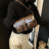 Purpdrank  Retro Women Bags Belt Buckle Design Single Shoulder Bag Flap Shape Pure Color Casual Street Underarm Satchels Latest