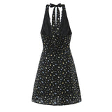 Purpdrank  Sexy Black Floral Print Spliced Lace Bow Halter V Collar Backless Mini Dress Women Elastic Zipper Back A-line Short Robe Holiday