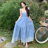 Purpdrank  Spring and Summer New High Waist Slimming Dreamcatcher French Riviera Embroidery Backless Long Dress Women