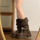Purpdrank  Retro Mid-Calf  Boots Women's Long Boots Thi Bot ort Boots Korean Sle Spring Autumn Season Flat Heel PU Material