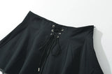 Purpdrank  Holiday Front Cross Lacing up Bandage Bow Zipper Waist Mini Skirt Women White Spliced Lace Hem Ruched Swing A-lined Skirts Black