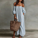 Purpdrank  Bohemian Off Shoulder Puff Sleeve Long Dresses Woman Spring Striped Print Loose Maxi Dress Summer Hollow Pocket Beach Dress