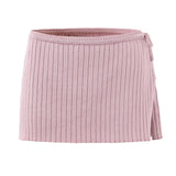 Purpdrank  New Fashion Autumn Bow Lacing Up Low Waist Side Slit Rib Knit Skirt for Women With Shorts Underwear Mini Skirts Beige Pink