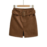 Purpdrank  New Autumn Sexy With Buckle Belt High Waist Suede Pencil Skirt for Women Above Knee Length Package Hips Front Slit Skirts Khaki