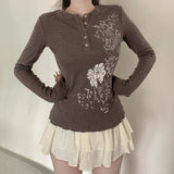 Purpdrank  Basic Floral Ribbed T-Shirt Casual O-Neck Long Sleeve Tees Women Autumn Spring Fashion Streetwear Ladies Layering Tops Y2K