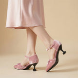 Purpdrank  Big Size 46 Women Pink Velvet Mary Jane Pumps Bow Knot Ankle Strap Kitten Heel Shoes Elegant Pointed Toe Office Dress Shoes