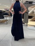 Purpdrank  Women's Evening Dresses Halter Backless Long Dress Autumn Female Velvet Sleeveless Slim Pleat Partywear Chic Ladies Vestido