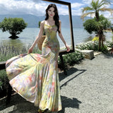 Purpdrank  Women Summer Holiday Beach Long Dress Vintage Printed Floral Sexy Bodycon Dress Strapless V-neck Elagant Lace-up Party Dress