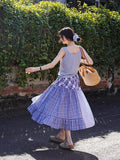 Purpdrank  Harajuku Plaid Midi Skirt Women Japanese Lace Patchwork Skirts Summer Korean Fashion High Waist Casual A Line Faldas New