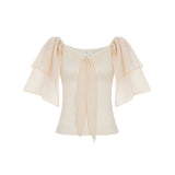 Purpdrank  Sweet Patchwork Lace Blouse Holiday Solid Bandage V-Neck Half Layered Sleeve Shirts Women Summer Fashion Streetwear Ladies