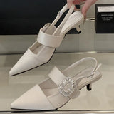 Purpdrank  Luxury Rhinestone Buckle Shallow Pumps Women Pointed Toe Back Strap Kitten Heel Slide Sandals Fashion Elegant Party Dress Shoes