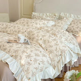 Purpdrank   Princess Style Lace Bed Skirt Four Piece Set Small Floral Print Soft Bedding Set Cotton Fabric Skin Friendly Nude Sleeping Sheet