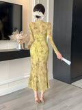 Purpdrank  Sexy Long Sleeve Lace Cheongsam Dress Waist Cinched Maxi Skirt for Women Southeast Asia Cross Border Elegant Commute Style