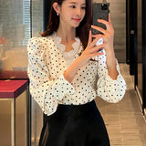 Purpdrank  Polka Dots Women's Blouse Spring Elegant Lace Patchwork Long Sleeve Single Breasted Korean Blouses Female
