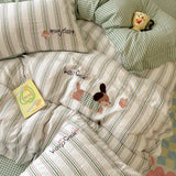 Purpdrank  Cute Cartoon Embroidery Stripe Bedding Set Washed Cotton Soft Four Piece Sets Pillowcase Duvet Cover Set 200x230cm Home Textiles