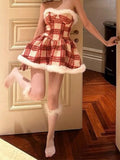Purpdrank  Sweet Christmas Plaid Mini Dress Women New Design Fashion Slim Pure Desire Tube Top Dress Cute Holiday Party Clothes Winter