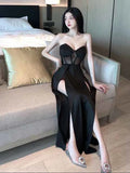 Sexy Black Mesh Patchwork Strapless Corset Maxi DressesWomen 2024 Summer Sleeveless Bodycon Split See Through Party Club Dress