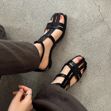Purpdrank   New Summer Women Sandals Genuine Leather Women Shoes Square Toe Low Heel Shoes Narrow Band Cover Toe Modern Sandals