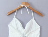 Purpdrank  Sexy White Satin Bow Halter V neck Open Hook Buttons Slim Tank Top Women Cross Lacing Up Bandage Back Backless Tee Summer Vest