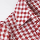 Purpdrank  Retro Red Checkered Shirt Top Women's Pleated Lace Up Bubble Sleeve Short Sleeved T-shirt